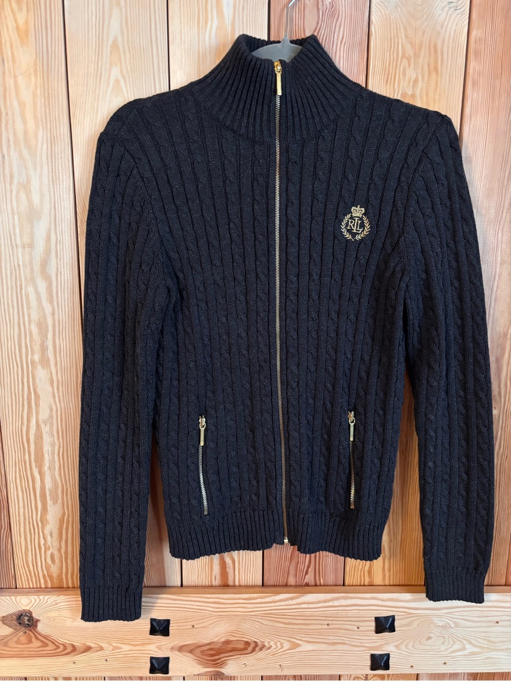 Ralph Lauren Black Cable Zip-Up Sweater with Gold Details